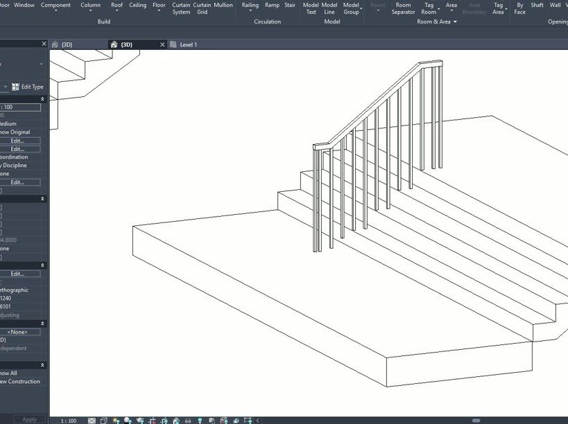 Modelo base en Revit: dos losas y una escalera con el barandal por defecto