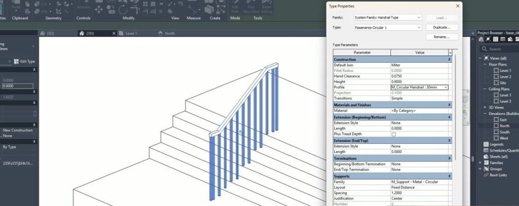 Propiedades del tipo Pasamanos circular 1 en Revit