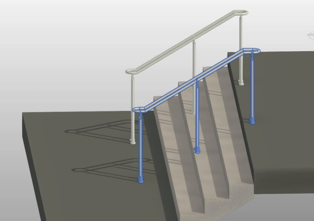 Barandal con doble pasamanos terminado en Revit, vista sombreada