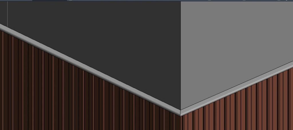 Esquina del remate cerrada a 45° sobre los listones, vista 3D